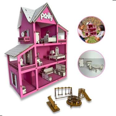 Imagem de Casinha De Boneca Brinquedo Infantil Em Mdf Rosa + 19 Mini Moveis - Gr