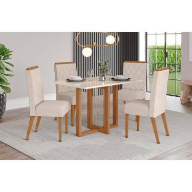 Imagem de Conjunto: Mesa de Cozinha Natalí c/ Tampo Madeirado c/ Vidro Reto 120x80cm e 4 Cadeiras Nina Nature/Suede Light Linho - Henn
