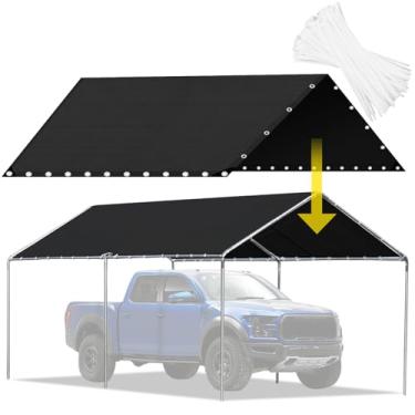 Imagem de Capa de substituição para cobertura de garagem de 30 x 5,8 m para tenda de carro, barraca de garagem, abrigo, lona superior preta para garagem portátil com laços de resistência à tração de 54 kg