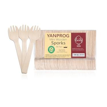 Imagem de YANPROG mini garfos de madeira garfos descartáveis ​​para degustação de 4 "colheres de madeira pequenas 100 peças, colheres de madeira de bétula compostáveis ​​biodegradáveis ​​utensílio 2 e
