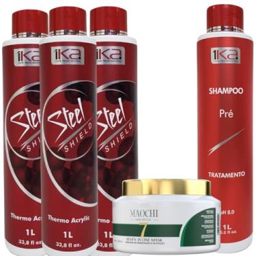 Imagem de Kit 3 Selagem Térmica Semi Definitiva 1ka Steel Shield Escova Progressiva 1 Shampoo Pré Antirresíduo Limpeza Total 1L + Mascara Neutralizante Hidratação Intensiva 7in1 Maochi 500g
