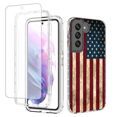 Imagem de Yodueiv Capa para Galaxy S22/Samsung S22 5G SM-S901U com protetor de tela de vidro temperado, capa protetora para celular à prova de choque com padrão de bandeira transparente para Samsung Galaxy S22