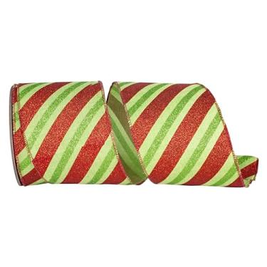 Imagem de Reliant Ribbon Fita de borda com fio de linho com listras de glitter diagonal, verde/vermelho