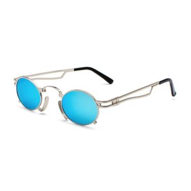 Imagem de VFDHN Óculos de sol retrô steampunk masculino, redondo, vintage, verão, armação de metal, preto, oval, feminino (armação prateada, azul)