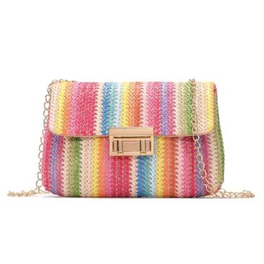 Imagem de Bolsa feminina colorida de palha arco-íris em tecido de vime, bolsa tiracolo para primavera e verão, Estilo 1