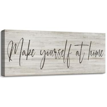 Imagem de pureluca Placa de parede Make Yourself at Home, citações inspiradoras, arte em tela para decoração de quarto de hóspedes, casa de fazenda, aluguel de férias, decoração para pendurar na parede, 15 x 43