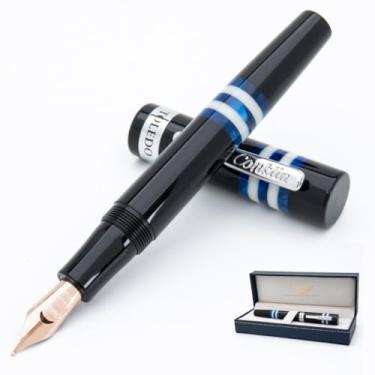 Imagem de Conklin Toledo Caneta-tinteiro preta com segmentos de anel azul e branco - Ponta de ouro maciço fino de 14 quilates - Instrumento de escrita de luxo recarregável - presente perfeito para profissionais