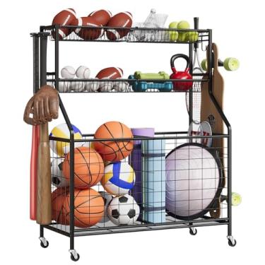 Imagem de GarveeLife Organizador de equipamentos esportivos, organizador de brinquedos esportivos de garagem de grande capacidade com ganchos e cestas, carrinho de bola com rodas para organizador de brinquedos
