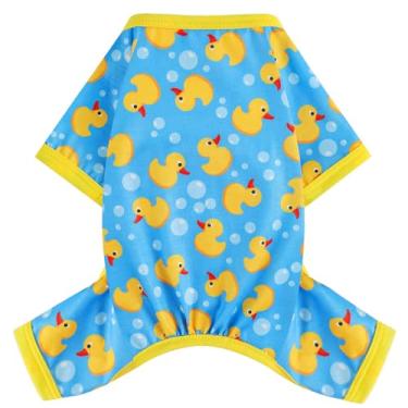 Imagem de Pijama para cães, tamanho pequeno, elástico, roupas para cães de verão, 4 pernas, meninas, meninos, roupas fofas e macias para filhotes, macacão de pijama para animais de estimação, pato azul, M