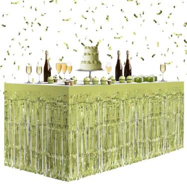 Imagem de Pacote com 2 saias de mesa verde-limão, 73,7 x 274,3 cm de folha metálica com franja e franjas para mesas retangulares, cortinas de flâmula, pano de fundo, decorações de festa para aniversários
