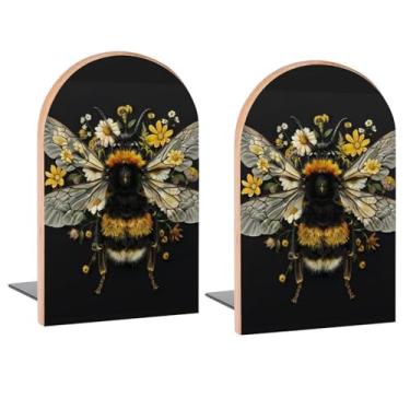 Imagem de Asas de abelha flores amarelas terminais de livros de madeira decorativas para prateleiras quarto de crianças mesa escritório em casa rolhas de livro para revistas, livros, DVDs, 1 par/2 peças (12,7 x