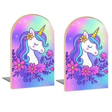 Imagem de Unicórnio roxo em torno de flores terminais de livros de madeira decorativos para prateleiras quarto de crianças mesa escritório em casa rolhas de livros para revistas, livros, DVDs, 1 par/2 peças