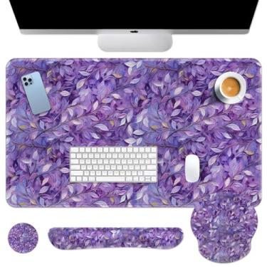 Imagem de Britimes Pintura a óleo roxa deixa teclado mouse pad conjunto tapete de mesa planta 4 em 1 grande mousepad teclado descanso de pulso + mouse descanso de pulso + porta-copos design ergonômico para