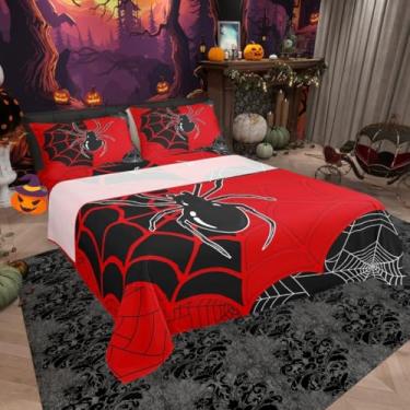 Imagem de Jogo de lençol Queen de aranha preta, teia de aranha aracnídea, inseto, animais, decoração de quarto de meninos, meninas, mulher, homem, feliz dia das bruxas, vermelho, preto, 4 peças (elástico +