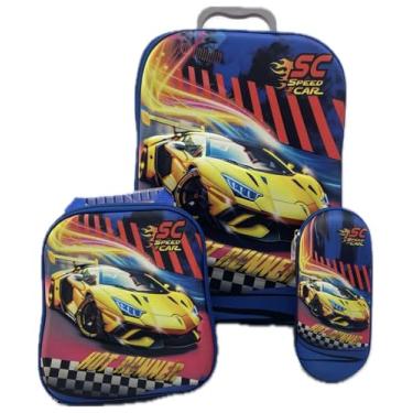 Imagem de Kit De Mochila Escolar Infantil Masculina Hot Wheels 3D Com Rodinha Tripla Em Silicone Acompanha Lancheira E Estojo Resistente Impermeável