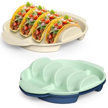 Imagem de LZC LADYS GIFT Conjunto de 3 suportes de tacos de silicone, bandeja reutilizável para tacos com 4 divisórias, placas de taco para conchas de taco duras/macias, pratos de servir para festas de taco