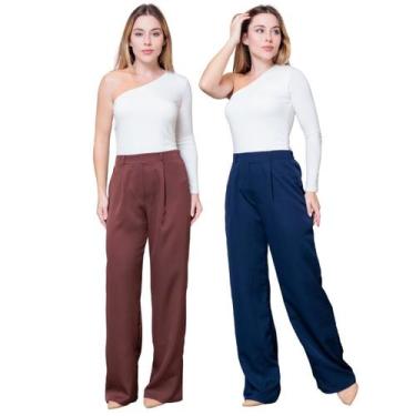 Imagem de Kit 2 Calças Pantalona Feminina de Alfaiataria Lisa com Pregas - Maran