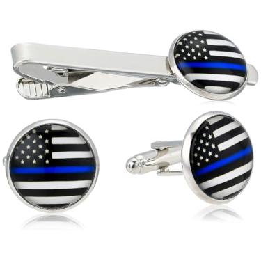 Imagem de Great 1 Ótimo Conjunto De Prendedor Gravata E Abotoaduras Com Bandeira Americana Azul Fina - Acessórios Roupas Luxo Banhados A Metal Prateado