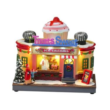 Imagem de Fenteer Estátua de casa de vila natalina, enfeite de Natal com iluminação LED, acessórios de artesanato, presente de Natal giratório para mesa central, Formato de Sorvete