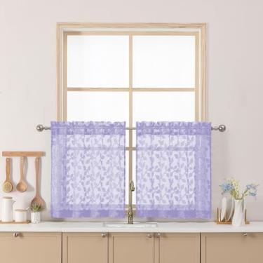 Imagem de Chyhomenyc Cortinas transparentes roxas claras de 61 cm de comprimento, cortina de cozinha pequena texturizada com filtro de luz sobre a pia, cortinas curtas de meia janela para porão de banheiro, 76