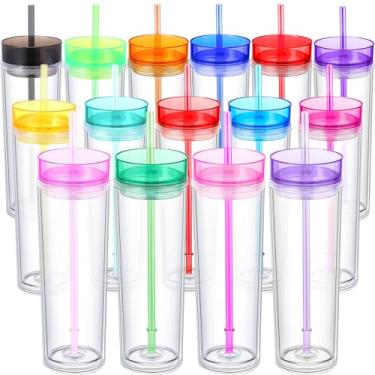 Imagem de Hoolerry Copos de acrílico skinny de 15 peças, copos de acrílico de 473 ml, com tampas e canudos, copos finos de plástico de parede dupla, para festas de bebidas, presentes de aniversário