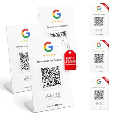 Imagem de HotLabel Review Stand Pacote com 3 + Cartão de Toque de Revisão de Bônus + Pacote com 3 + Para Impulsionar Avaliações de Negócios + Branco + Toque NFC e Código QR + Suporta 2 Lojas Diferentes ou