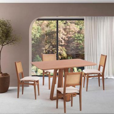 Imagem de Conjunto de Mesa Retangular com Tampo de Madeira Maciça Frame e 4 Cadeiras Serena Algodão Bege Claro e Nogueira