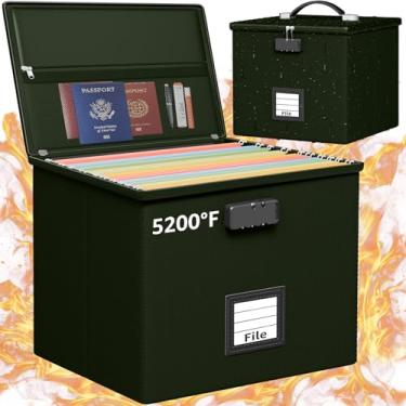 Imagem de Caixa de arquivos à prova de fogo verde militar para documentos – Caixa organizadora de documentos portátil à prova de fogo com alça à prova d'água e pasta de bloqueio segura com tampa