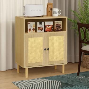 Imagem de DongRong Armário de café pequeno de vime, lateral de armazenamento de cozinha, armário raso de canto de banheiro com prateleiras ajustáveis e 2 portas 29 x 58 cm (carvalho)