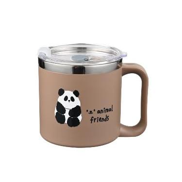 Imagem de Caneca de café de aço inoxidável isolada Cute Animal Friends, branco creme com design de panda, tampa selada a vácuo, compatível com canudo (marrom)