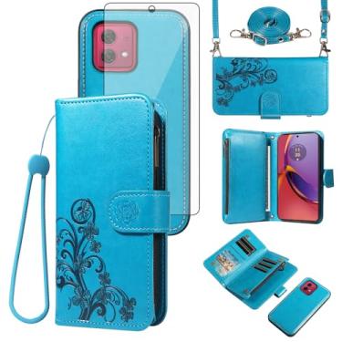 Imagem de Asuwish Capa de celular para Motorola Moto G84 5G carteira magnética destacável com protetor de tela de vidro temperado alça transversal alça de flor porta-cartão G 84 2023 mulheres meninas azul