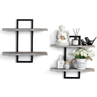 Imagem de Walasis Prateleiras flutuantes de madeira rústica – Organizador de prateleiras de parede de madeira de fazenda com moldura de metal resistente para sala de estar e quarto
