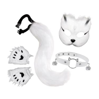 Imagem de Vaveren Conjunto de máscara e cauda de gato e, acessórios para fantasias de festa de Halloween, Branco Preto