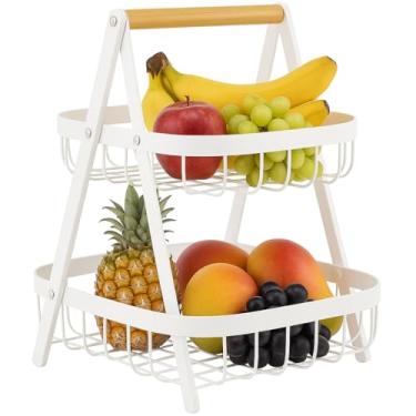 Imagem de Fruteira de Mesa 2 Andares de Metal com Alça de Bambu – Cesta Organizadora de Frutas Decorativa para Cozinha e Sala