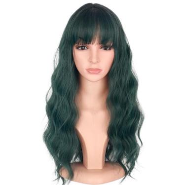 Imagem de Peruca SYMEIW de cabelo verde ondulado com franja sintética para mulhe