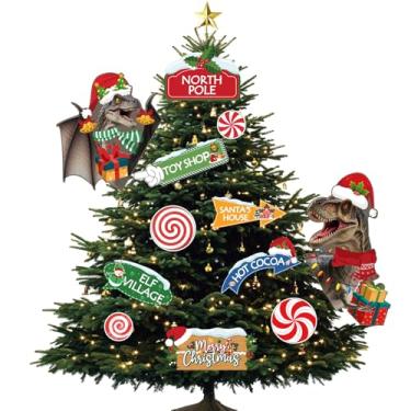 Imagem de CINSOEN 12 peças engraçadas de topo de árvore de Natal de dinossauro, ornamentos engraçados para pendurar na árvore de Natal, inclui placa de polo norte de Feliz Natal, decorações de Natal de