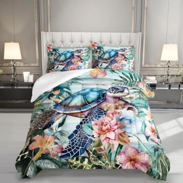 Imagem de Nttopship Conjunto de edredom com 3 peças, estampa de tartarugas marinhas, para meninas, estampa floral de madeira, microfibra macia, leve e quente para todas as estações, com 2 fronhas