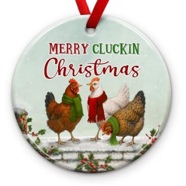 Imagem de KILYHOME Enfeite de Natal Merry Cluckin – Decoração de Natal de fazenda de galinha engraçada – Decoração de árvore de Natal de fazenda rústica, ideias de presente de Natal para amantes de frango