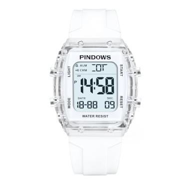 Imagem de PINDOWS Relógio esportivo digital feminino, caixa transparente transparente, luz LED brilhante, resistente à água de 5 ATM, cronômetro, alarme de tempo duplo, relógio elegante para mulheres e