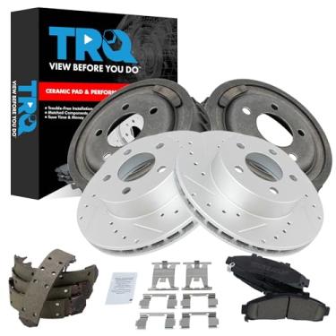 Imagem de TRQ Pastilha de freio dianteiro e traseiro e rotor, kit de sapata e tambor Desempenho de cerâmica revestido com G premium compatível com Ford Ranger Mazda B3000 1998-2000 B4000 1998-2000