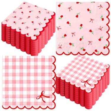 Imagem de FYSUIMU Guardanapo de papel de dia dos namorados, guardanapo descartável, recortado, para almoço, vermelho, rosa, xadrez, rosa, laço duplo, guardanapos de mão para jantar de casamento, aniversário