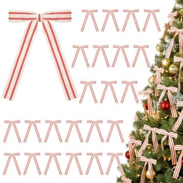 Imagem de Riceshoot 24 peças de laços listrados de algodão natalinos 12,5 x 17,8 cm vintage rústico pré-amarrado com laços de arame para árvore de Natal, grinalda de lareira escadas para casa, decoração interna
