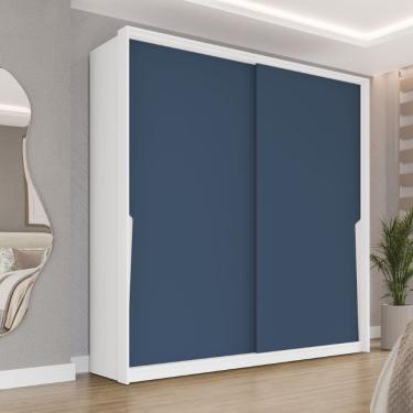 Imagem de Guarda Roupa Roupeiro 2 Portas de Correr 2 Gavetas Porto Branco Azul Politorno Móveis