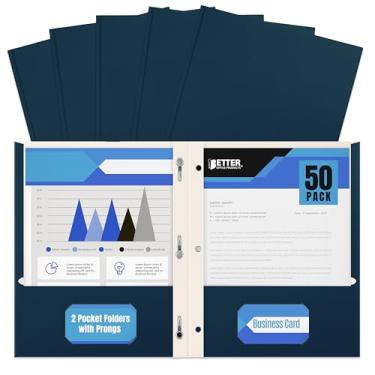 Imagem de Pasta de 2 bolsos azul marinho com pinos, pacote com 50, da Better Office Products, textura fosca, pastas de papel tamanho carta, pacote com 50, com 3 clipes de fixação de garra de metal, azul escuro
