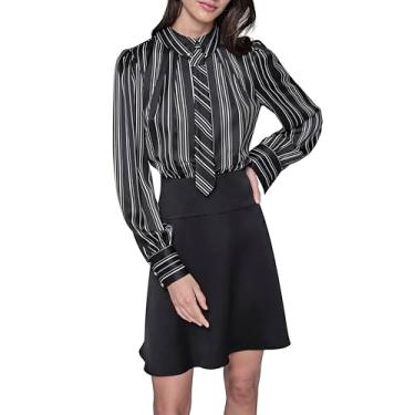 Imagem de Karl Lagerfeld Paris Vestido feminino manga longa estampado cetim evasê, Preto/bétula, 40