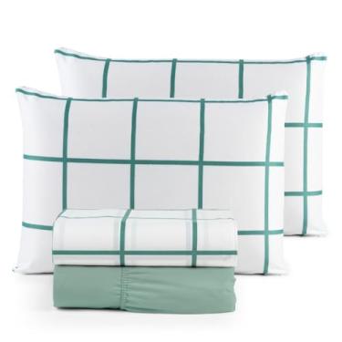 Imagem de Jogo de Lençol Casal Padrão 04 Peças 200 Fios Cama Box Estampado Toque Aveludado Macio(Petit Verde)
