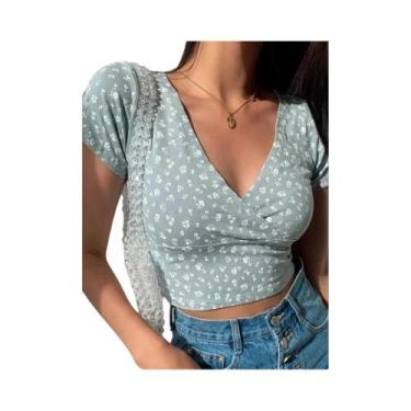 Imagem de Camiseta Feminina Slim Fit Floral - Decote V, Manga Curta e Cintura Al