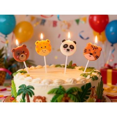 Imagem de Conjunto de velas de aniversário de animais, pacote com 4 adoráveis tigre, panda, urso e girafa, velas engraçadas de feliz aniversário, enfeites de bolo para festas na selva, chás de bebê e cupcakes