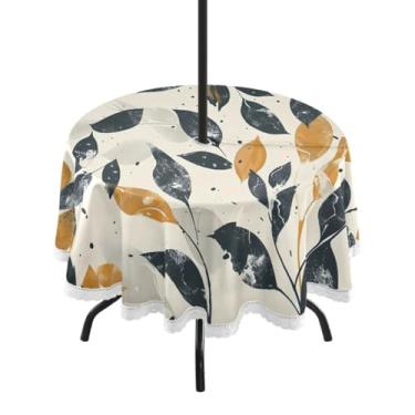 Imagem de CEBUGI Toalha de mesa redonda para uso ao ar livre, padrão de folhas, impermeável, com furo Umberlla, capa de mesa lavável para pátio, cozinha, sala de jantar, 152 cm