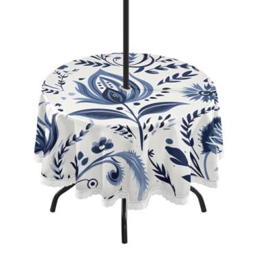 Imagem de CEBUGI Toalha de mesa redonda para uso externo, estampa floral, impermeável, com furo Umberlla, capa de mesa lavável para pátio, cozinha, sala de jantar, 152 cm